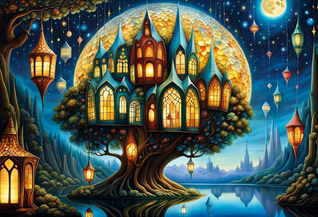 Fantasycore Houses in Stained Glass Mosaic Style