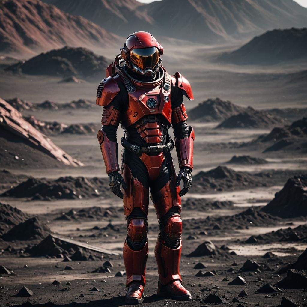 Biomechanical Astronaut in Red Armor, Sci-Fi Portrait