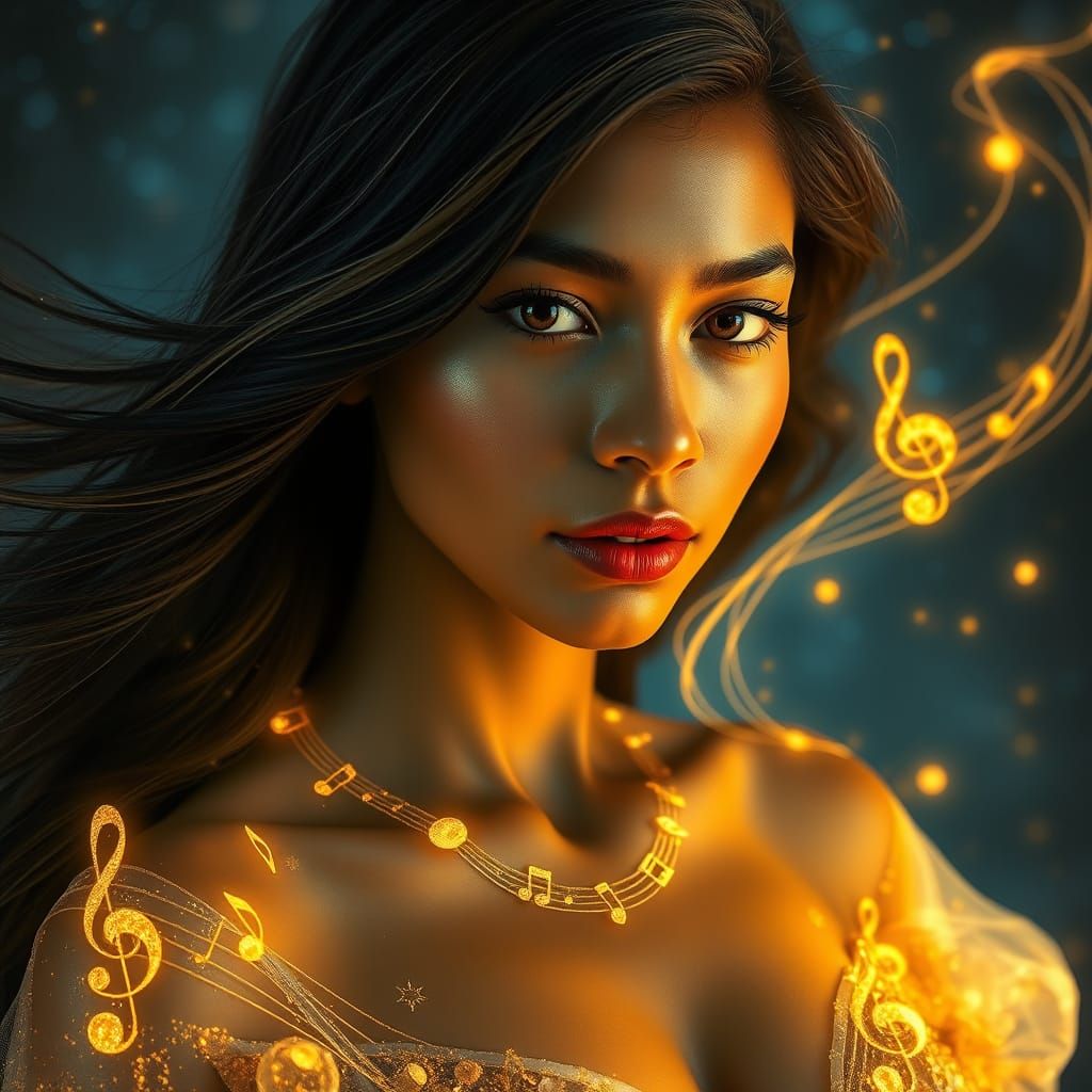 Dreamlike Portrait of Latina Woman with Musical Motifs