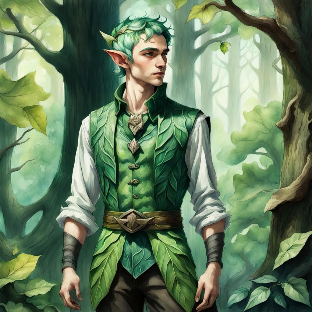Green-Haired Elf in Leafy Forest, Splash Art