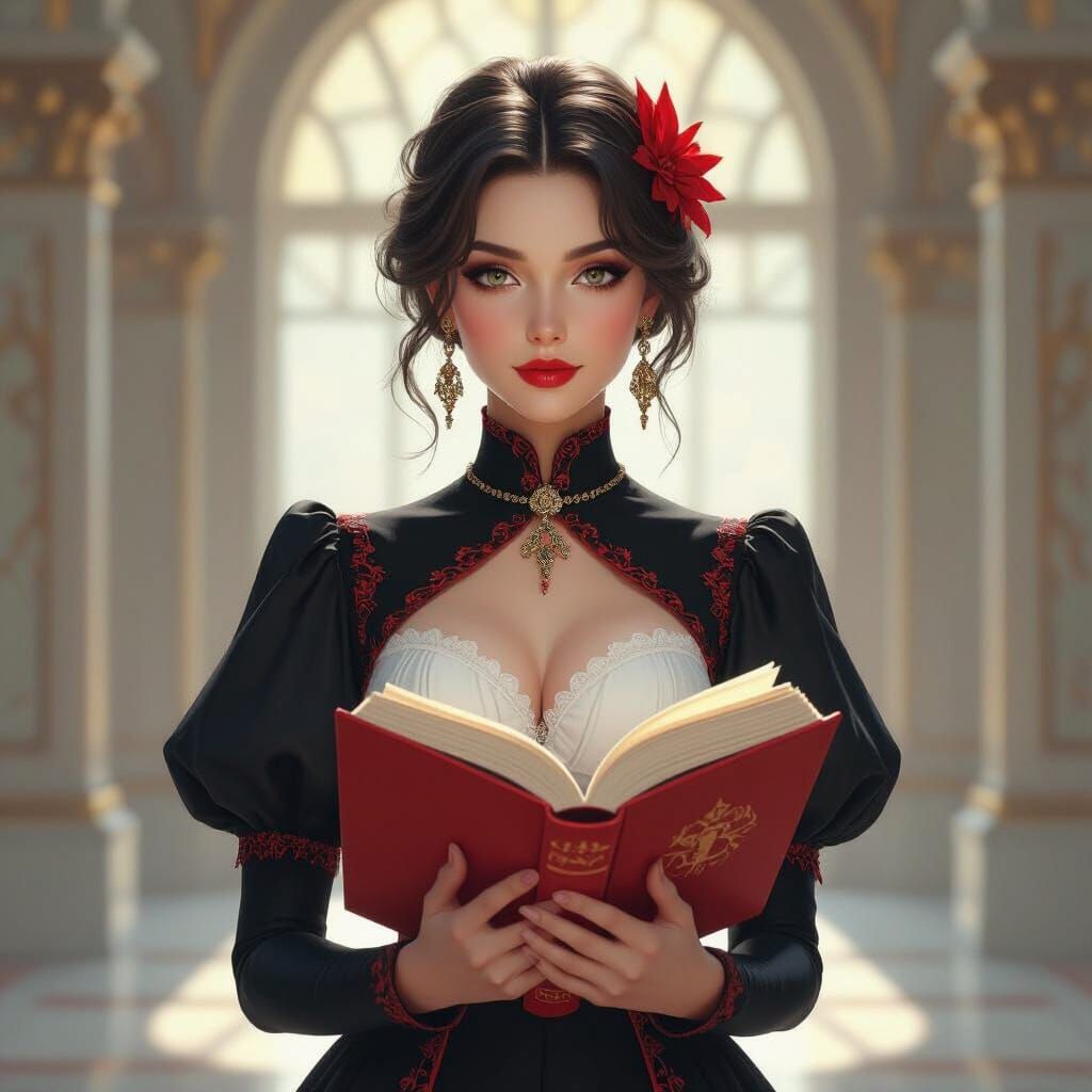 Woman with Book in Black, White, and Red Outfit