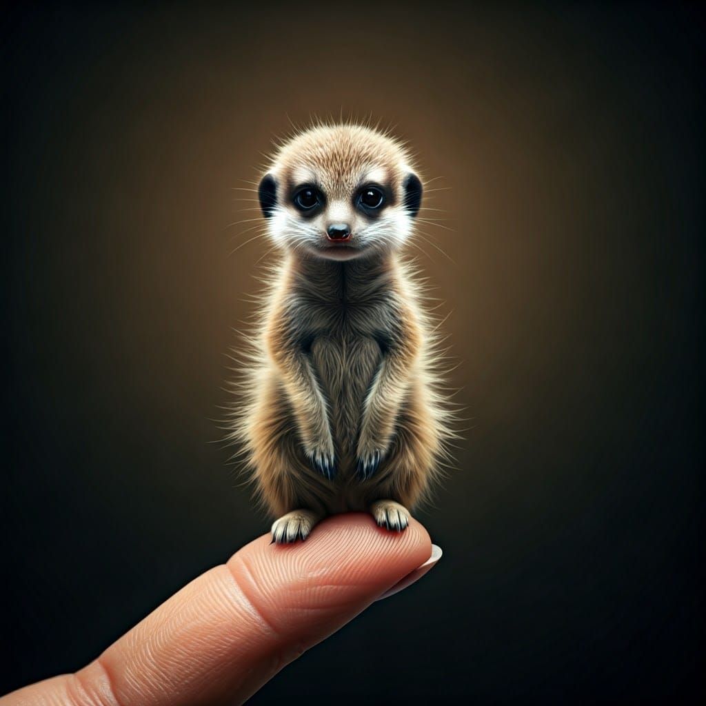 Miniature Meerkat on a Finger: Hyperrealistic Detail