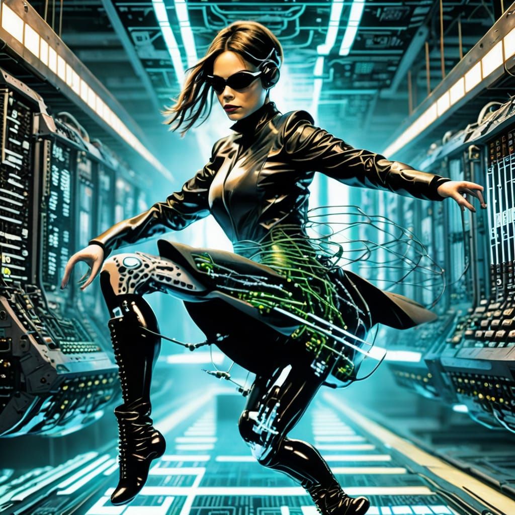 Cyborg Lady Levitates Among Glowing Matrix Code