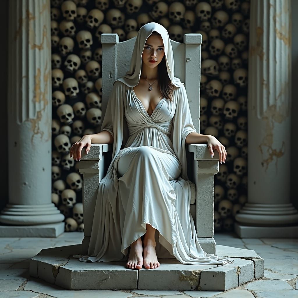 Gothic Queen in Mourning on Stone Throne