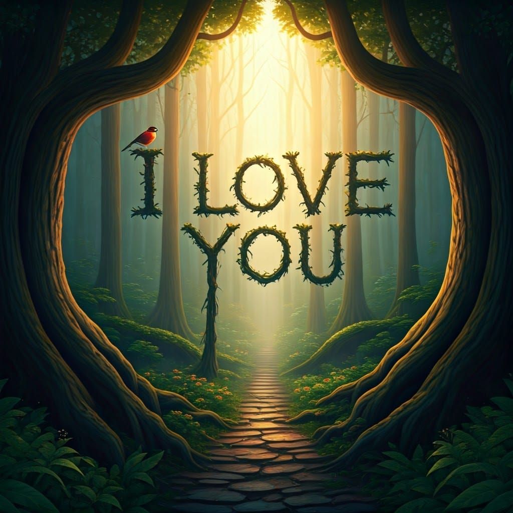 Living Tree Branches Spell 'I LOVE YOU' in Forest