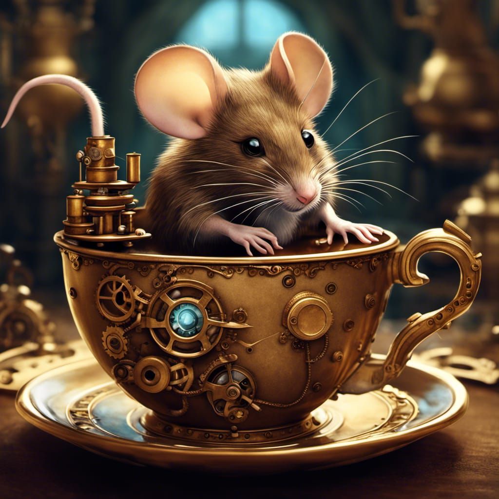 Mouse in Steampunk Teacup: Intricate Fantasy Illustration