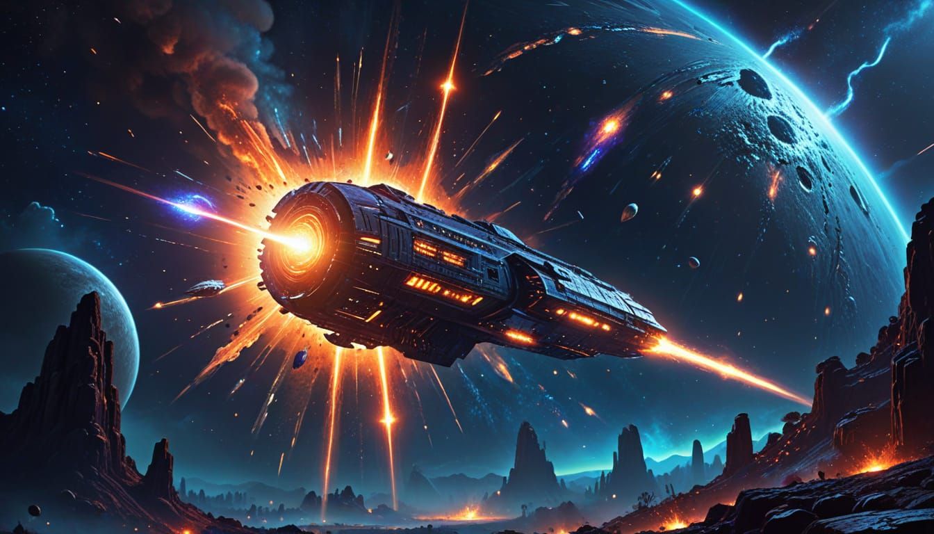 Spaceship Navigating Meteor Shower: Sci-Fi Art