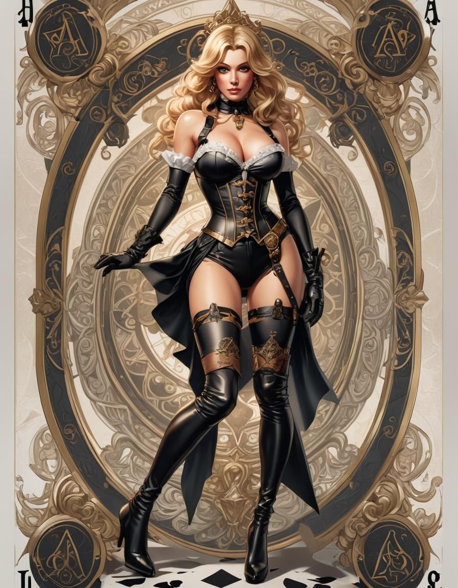 Ace of Spades Card with Pinup Girl in Art Nouveau Style