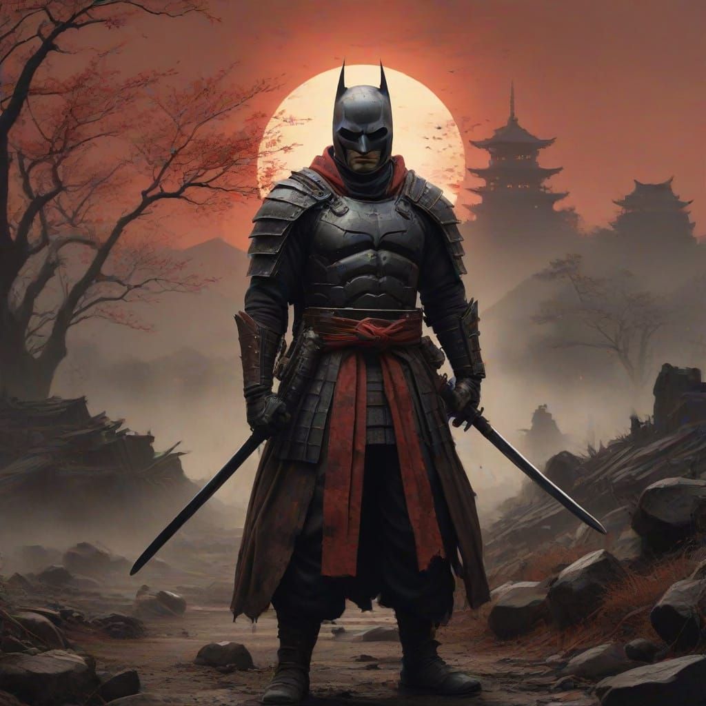 Dark Samurai Batman in a Desolate Japanese Landscape