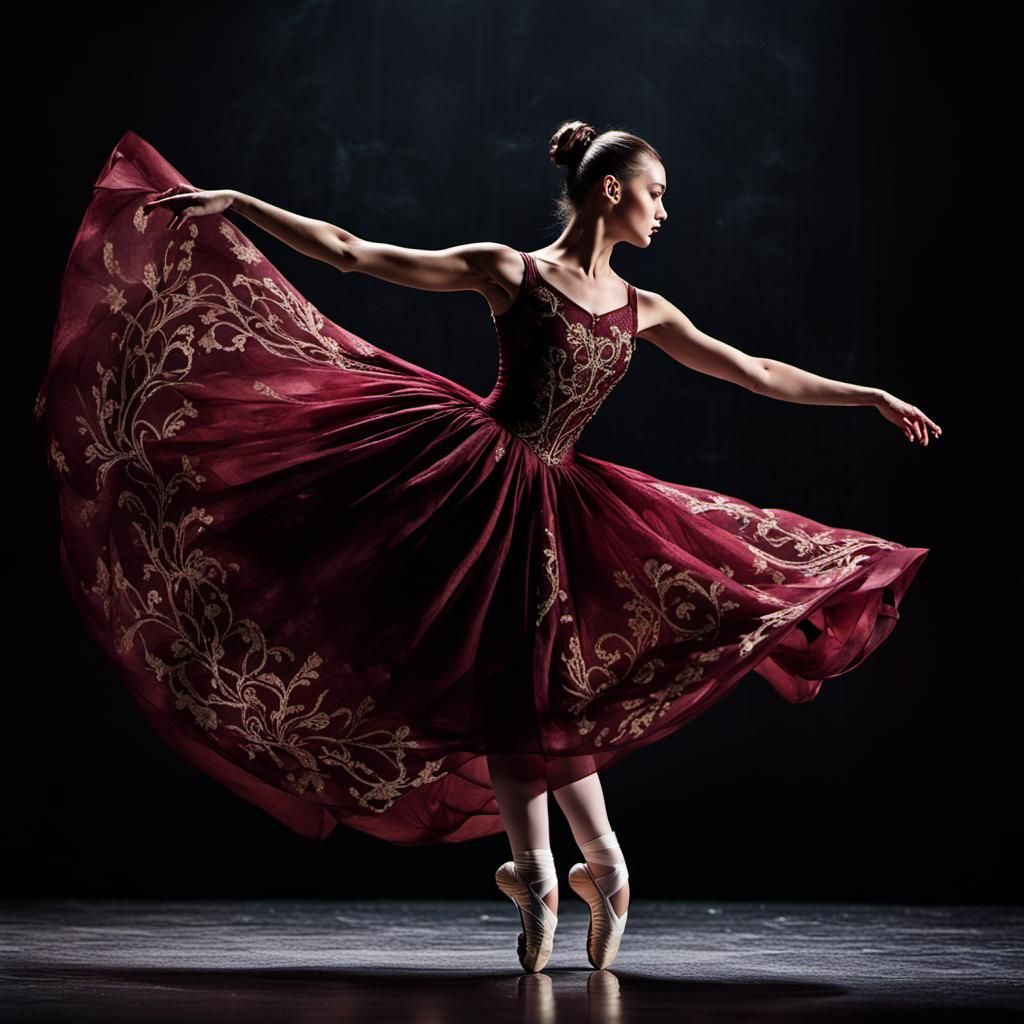 Ballerina in Maroon Gown: Dark Fantasy Concept Art