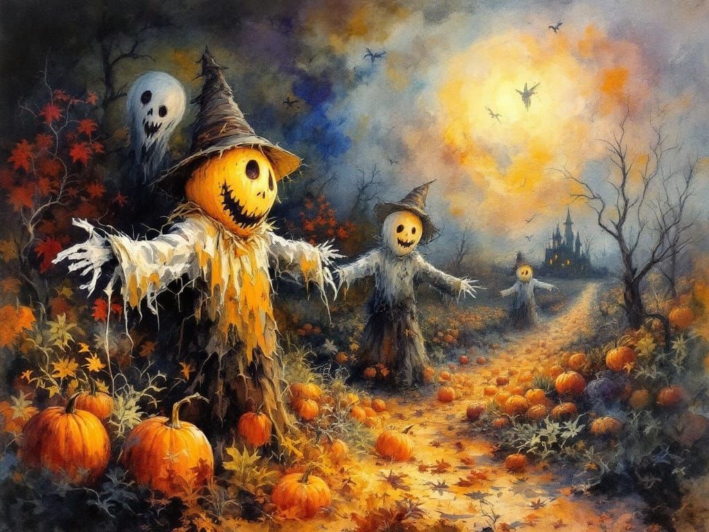 Spooky Harvest Festival with Ghostly Scarecrows in Ancient E...