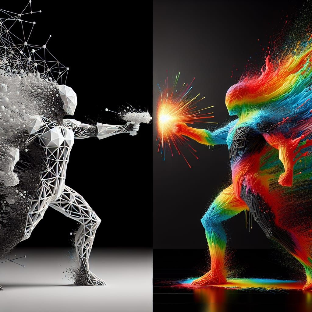 Futuristic Wireframe vs Rainbow Paint Superpower Battle