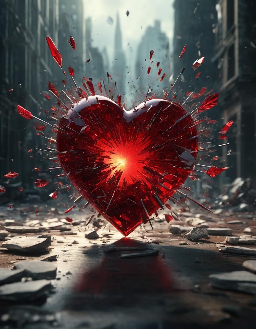 Shattered Red Glass Heart: Dramatic Arrow Strike