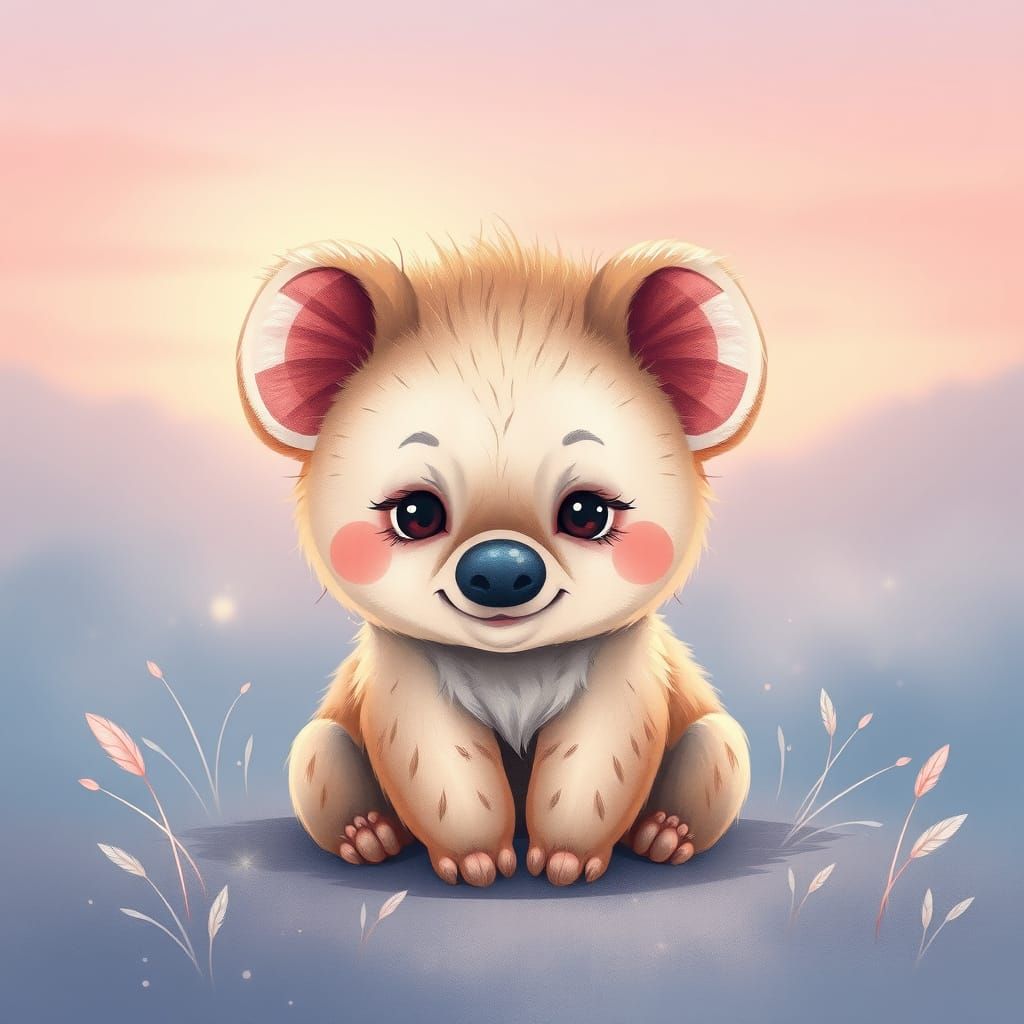 Whimsical Baby Hyena in Dreamy Sunset Hues
