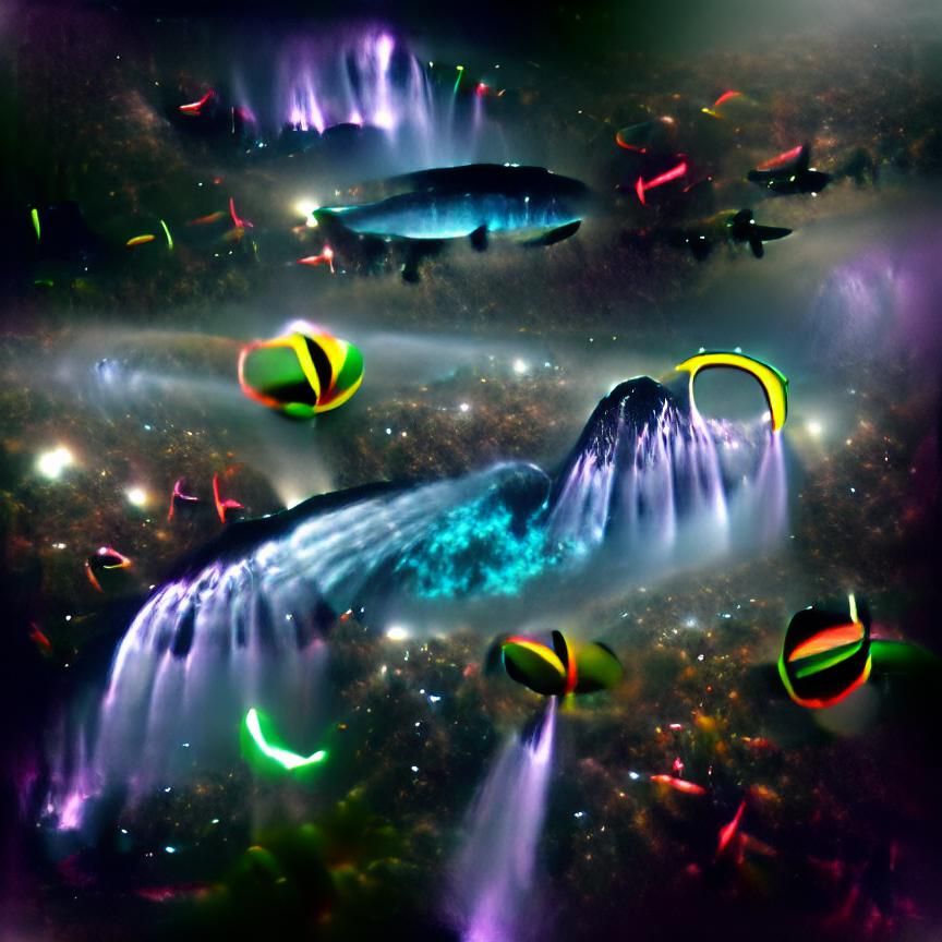 Surreal Neon Waterfall Descending into Black Hole