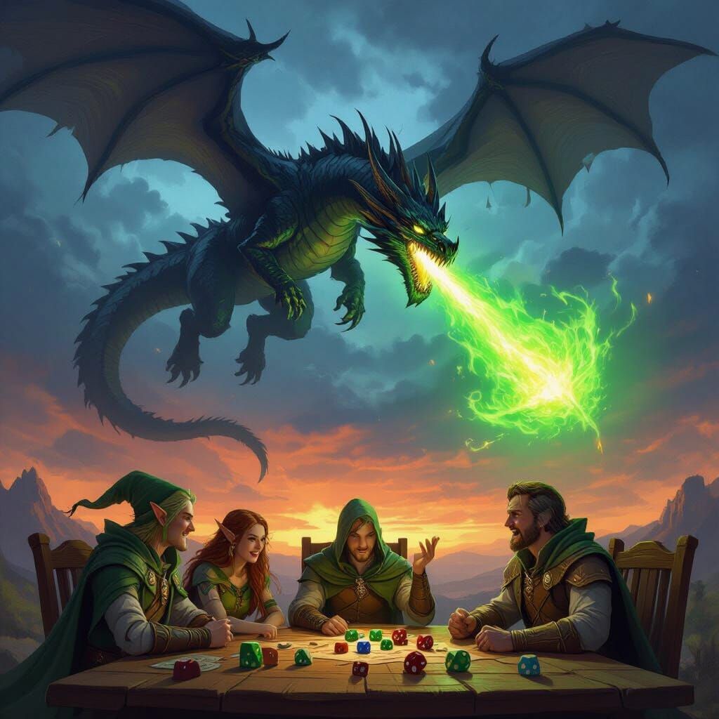 Obsidian Dragon Unleashes Emerald Fire in Dark Fantasy Art