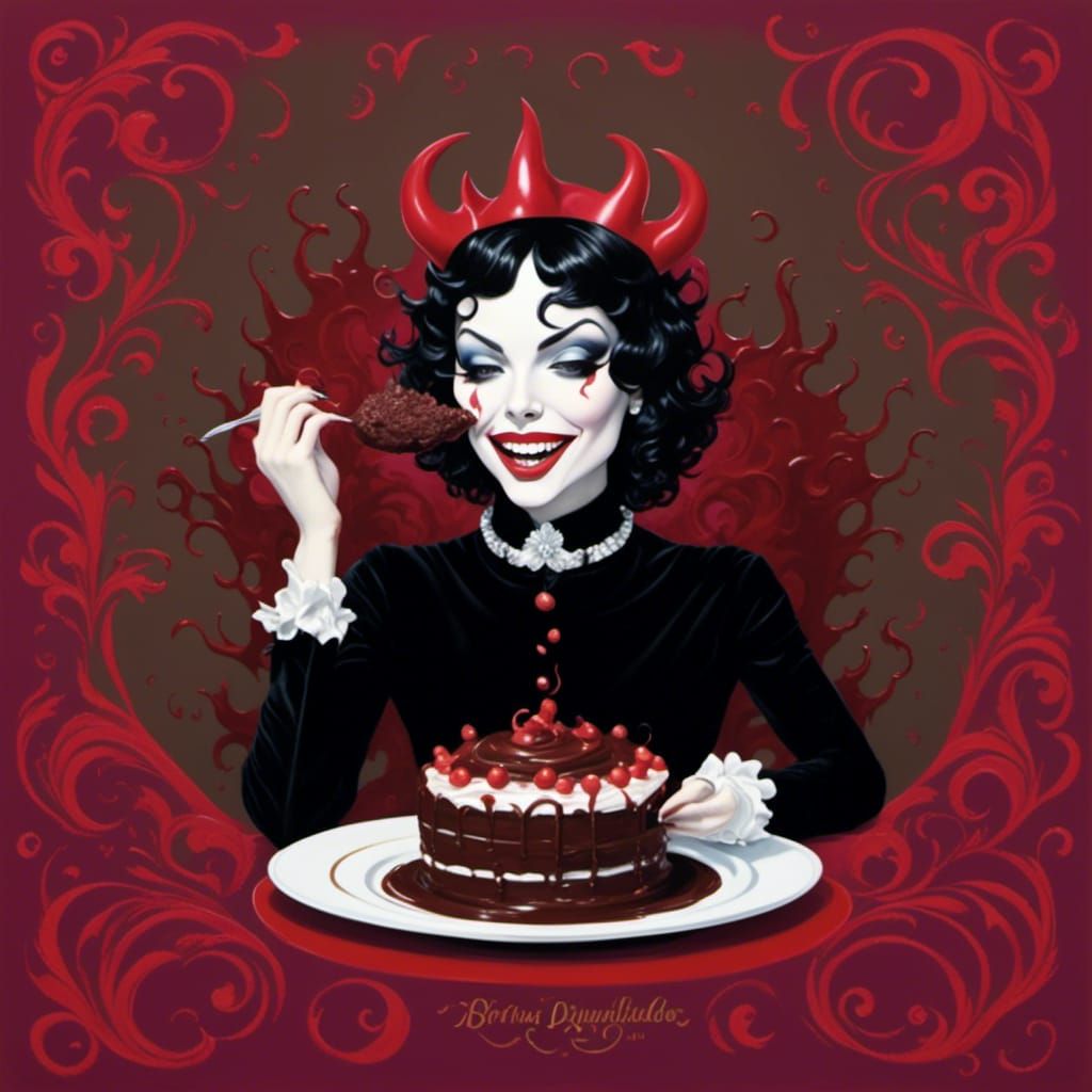 Cute Devil Eating Devil's Food Cake