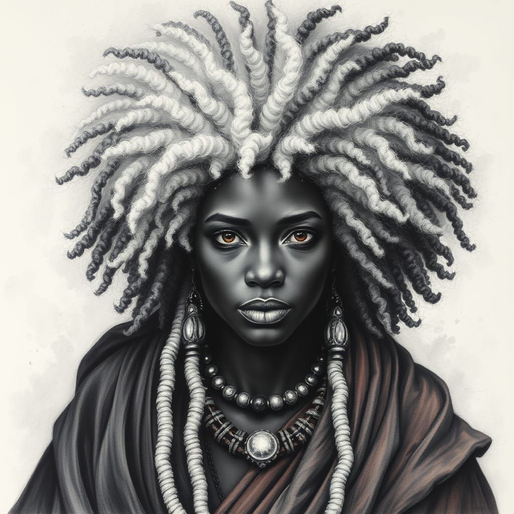 Mystical African Tribal Witch Charcoal Drawing