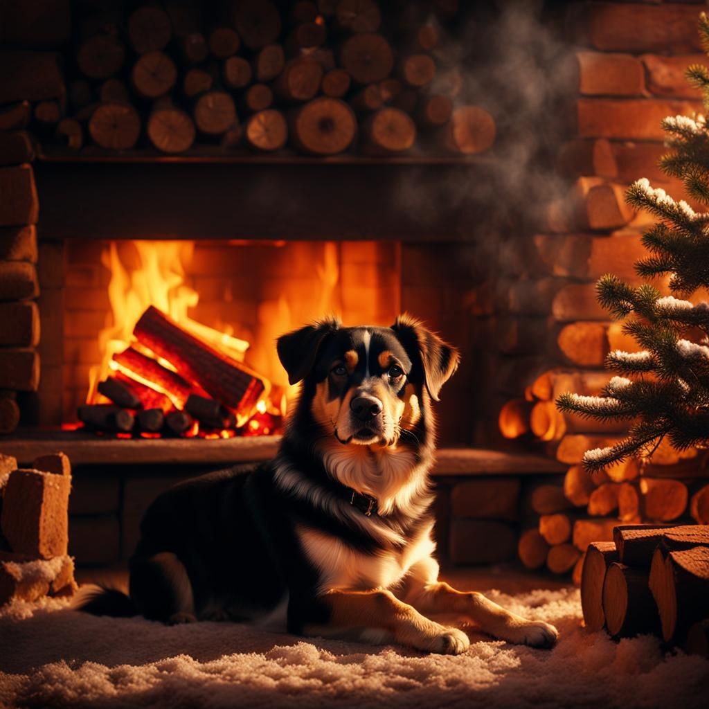 Cozy Winter Fireplace Scene with Dog in Oil Painting Style