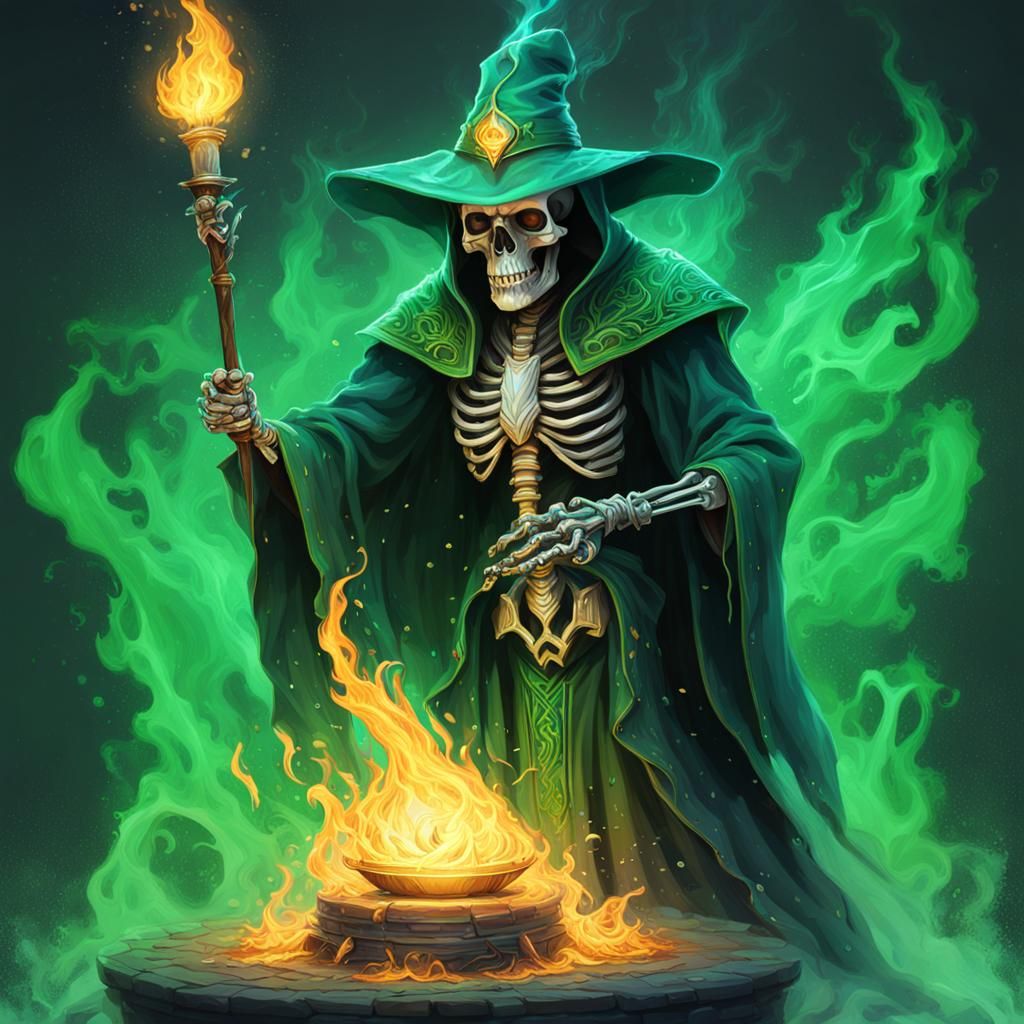 Skeleton Wizard with Green Flames, Hyperrealistic Digital Ar...