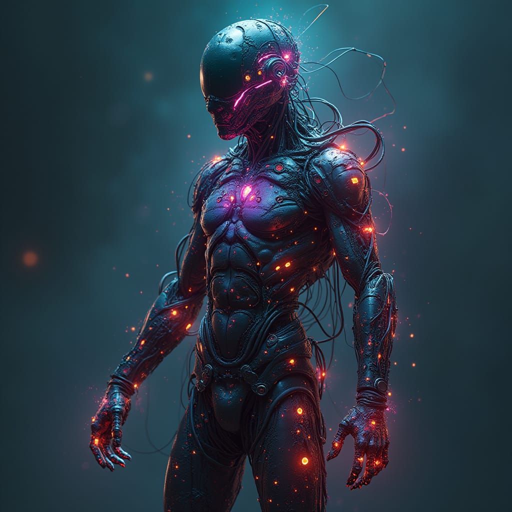Mystical Figure in Neon Circuitry, Cyberpunk Style