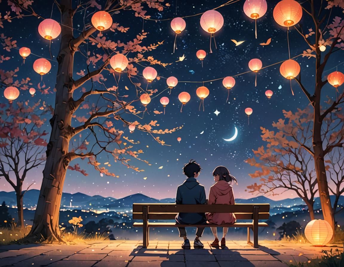 Romantic Anime Night Scene with Lanterns