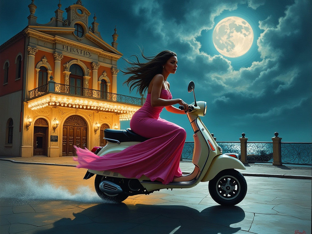 Voluptuous Woman on Vespa in Venice, Oil Painting