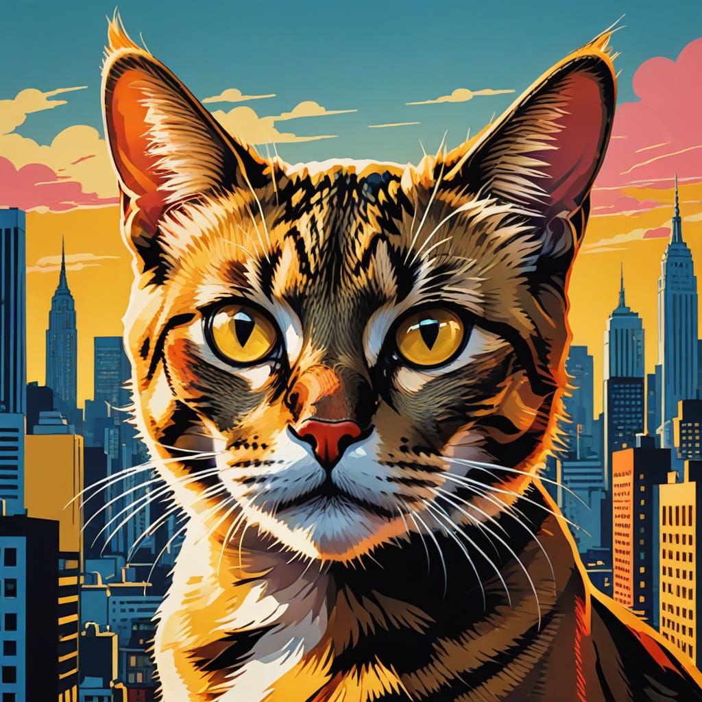 Vibrant Pop Art Feline Portrait with Cityscape