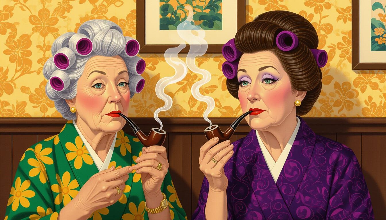 Nora Batty & Compo Enjoying Pipes With Curlers