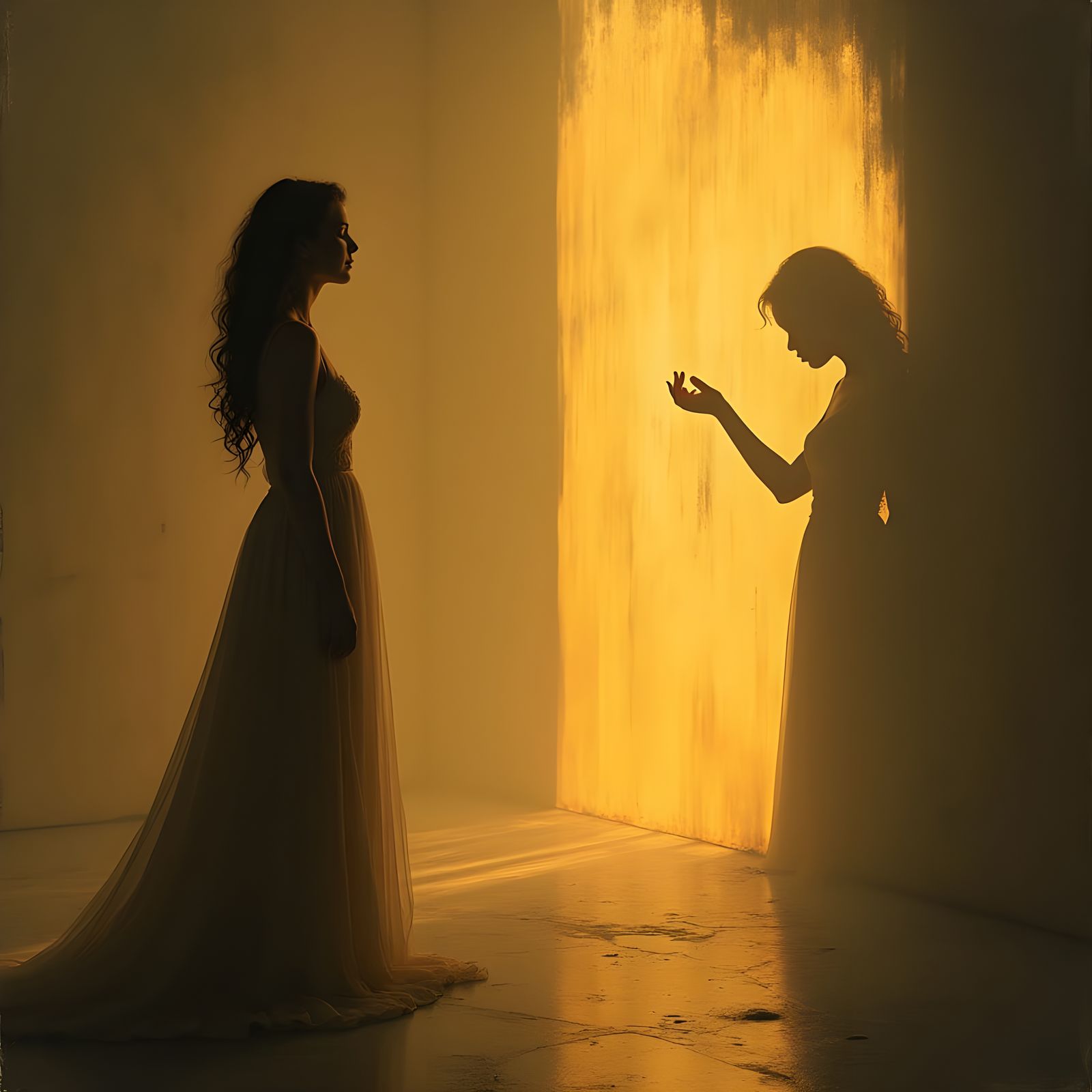 Figure in Ethereal Glow with Stretching Shadowy Hand