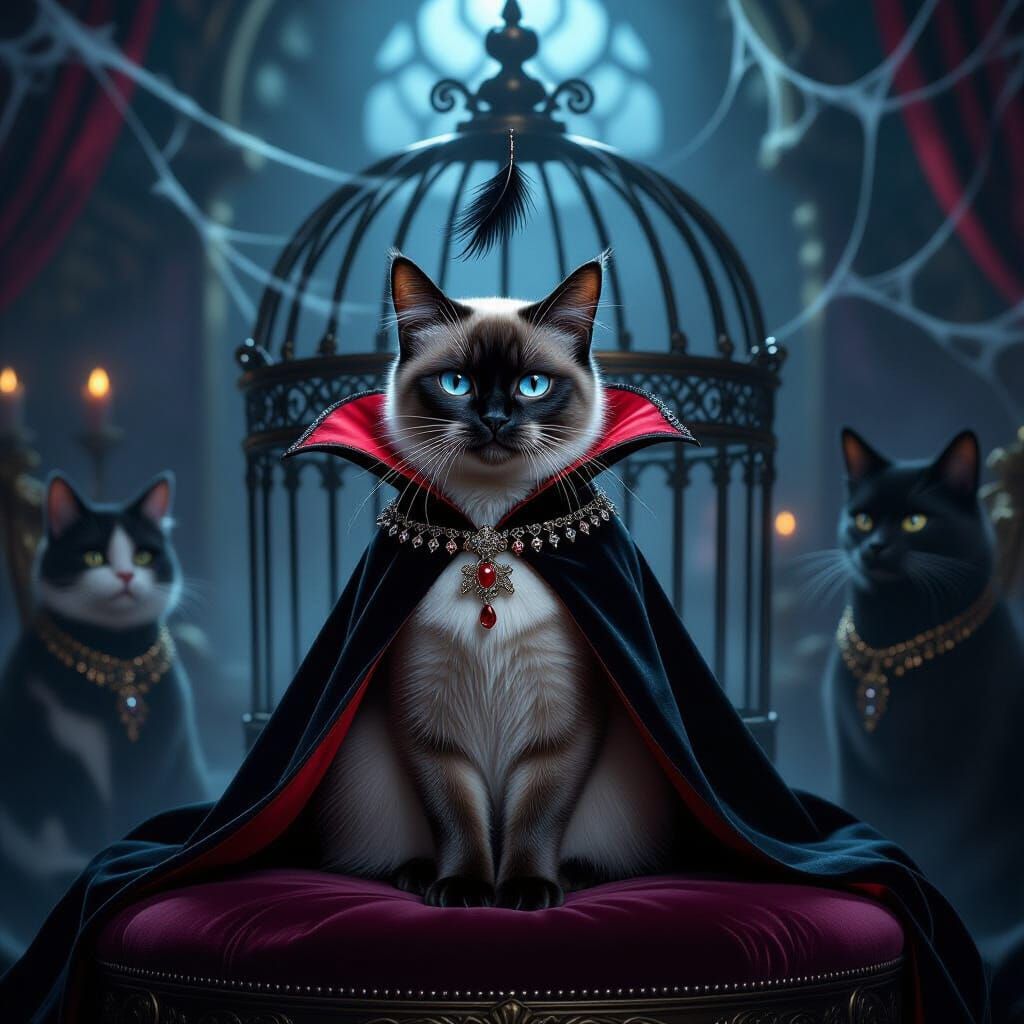 Regal Siamese Vampire Cat in Gothic Ballroom