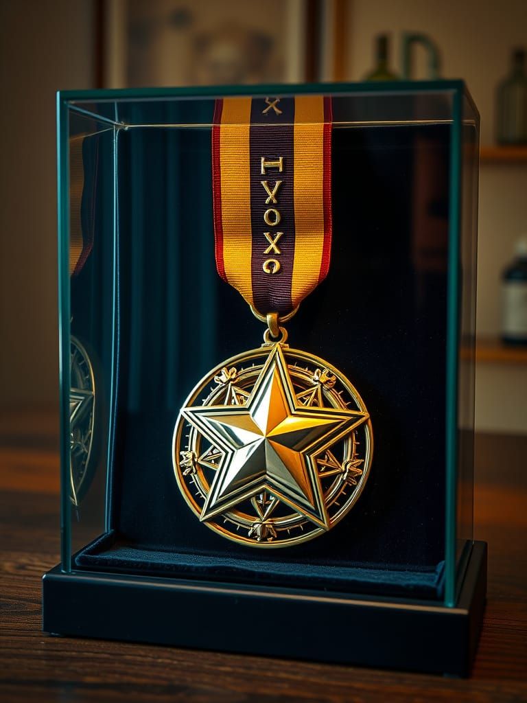 Gold Star Medal Displayed in Case on Velvet