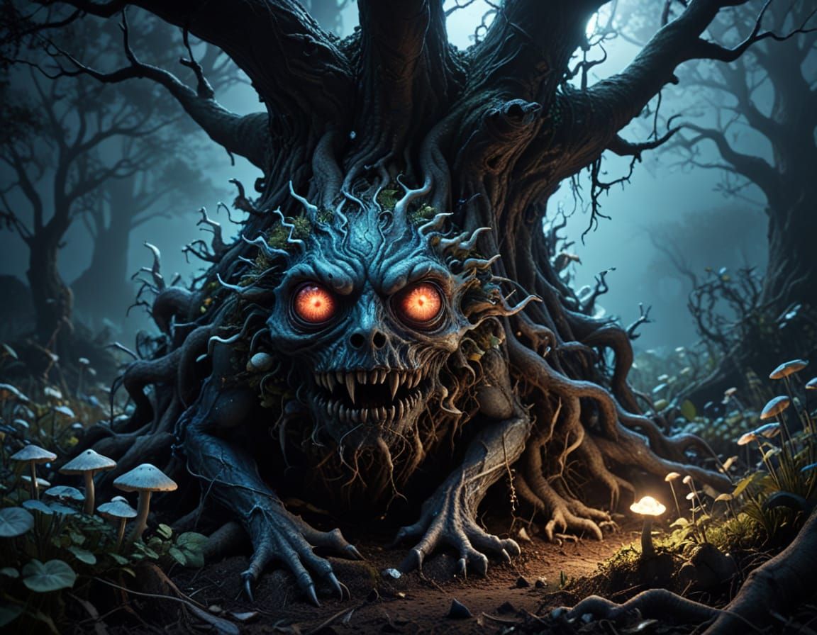 Eerie Monster Hiding in a Dark Surreal Garden