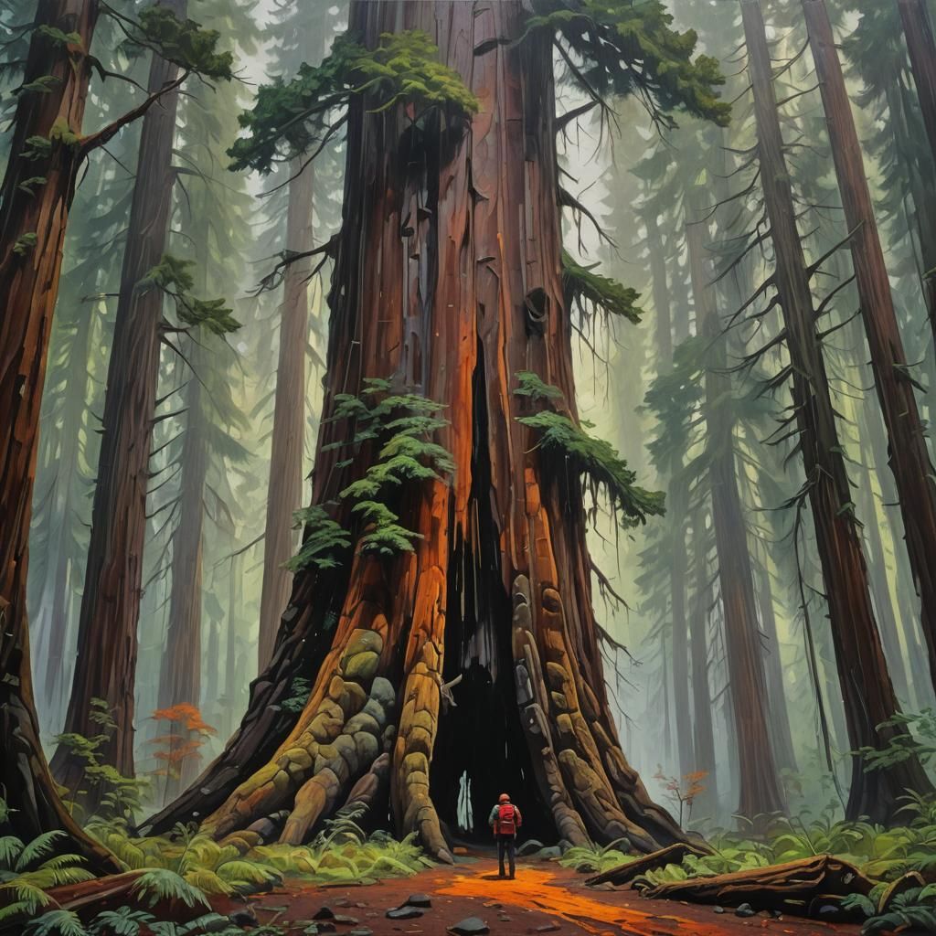 Misty Redwood Forest: Impasto Painting with Dramatic Lightin...