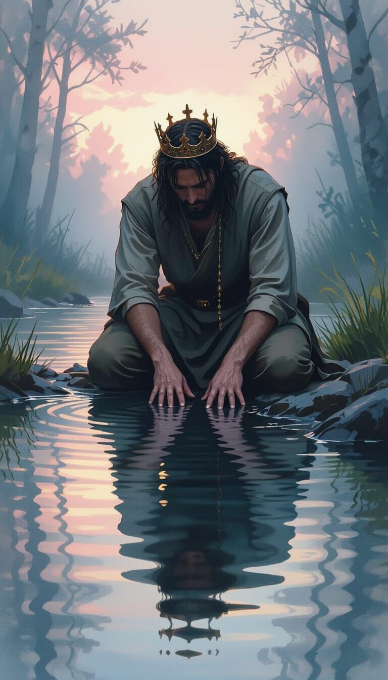 Weary Pilgrim's Reflection: A King in Watercolor