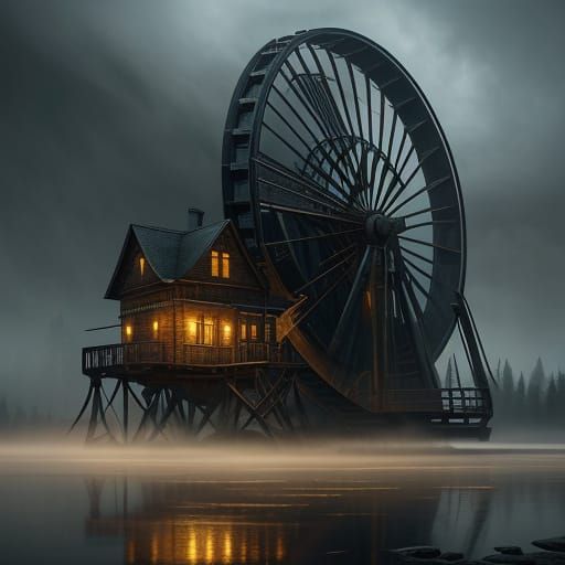 Majestic Waterwheel Under Moonlit Valley Skies