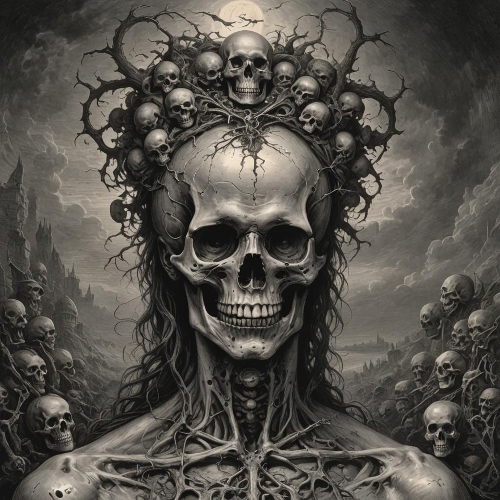 Hombre con cabeza de calavera dividido por la dualidad, con ...