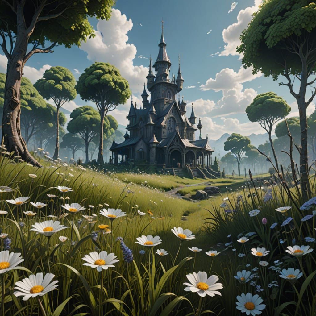 Whimsical Black and White Flowers in a Fantastical Meadow