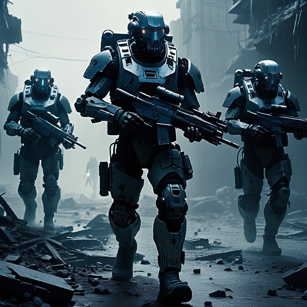 Cyborg Warriors March Through a Desolate Apocalyptic Wastela...