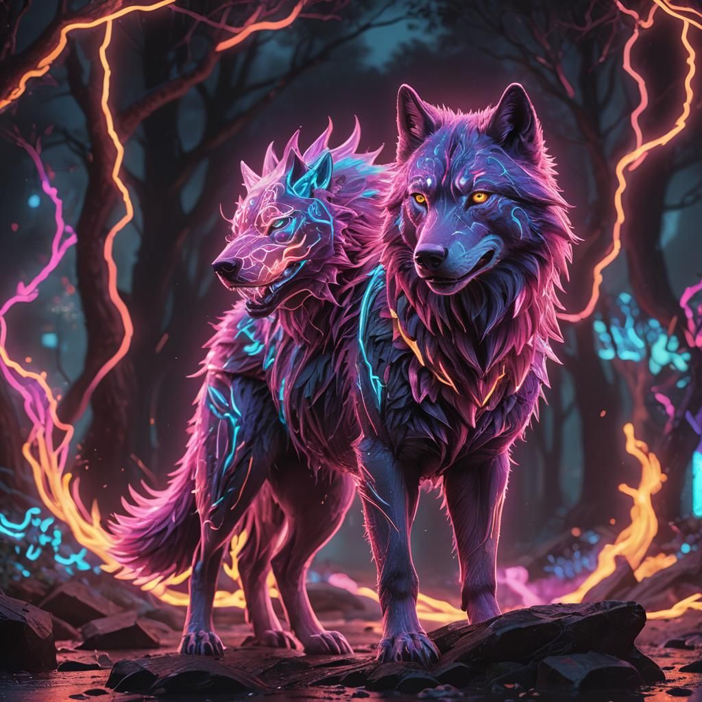 Neon Glowing Spirit Wolf: Detailed Fantasy Art