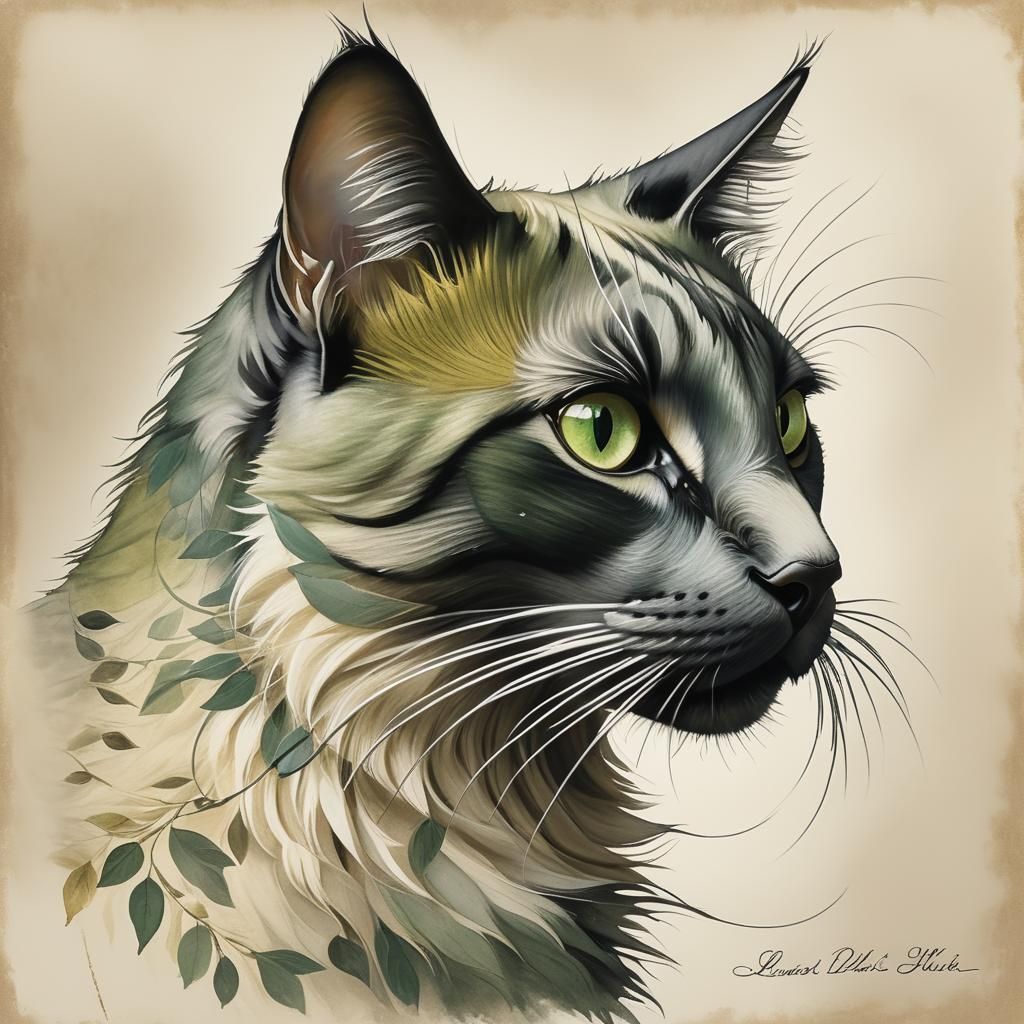 Whimsical Cat Portrait in Pen and Ink Style