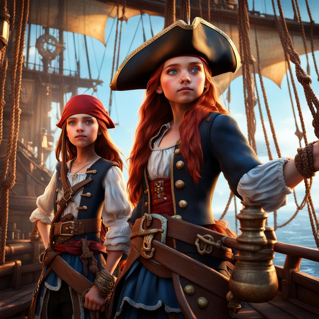 Two Pretty Pirate Girls on a Ship