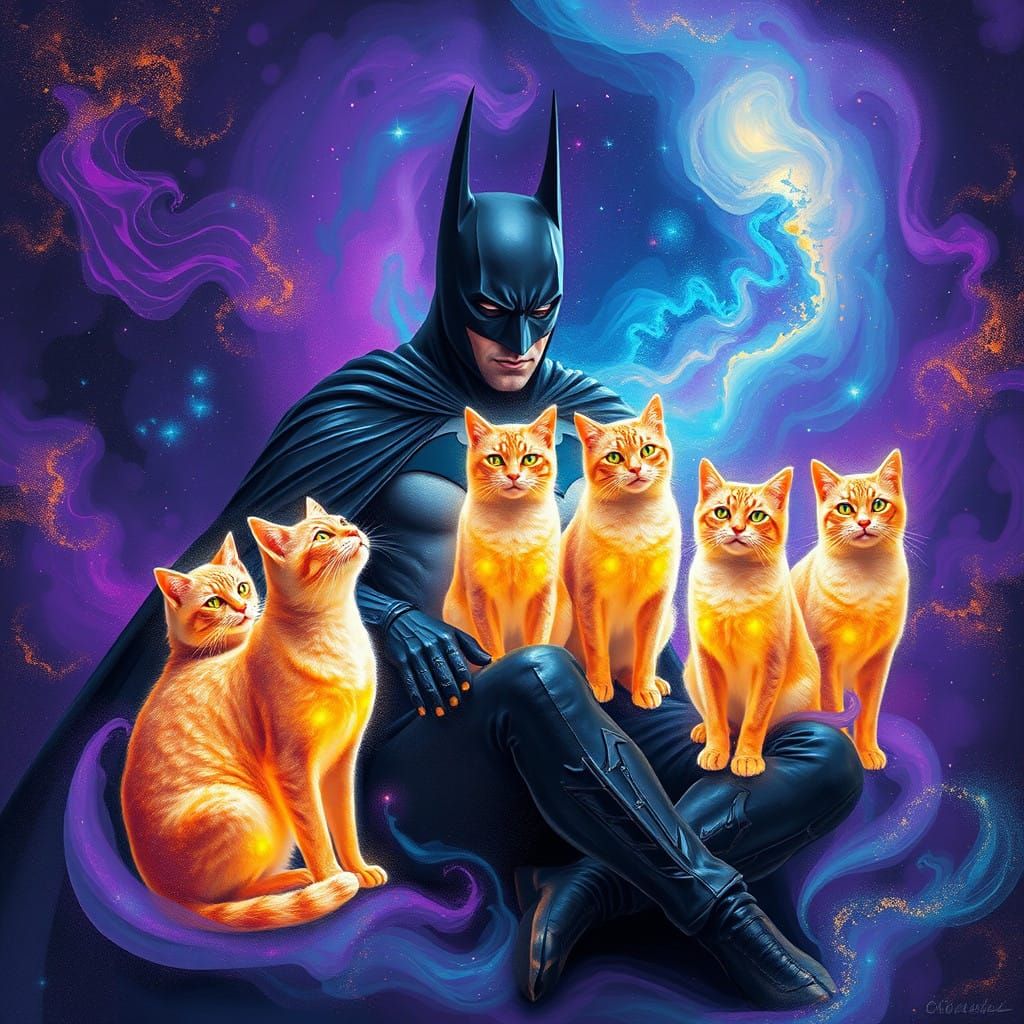 Dark Knight's Cosmic Feast in Vibrant, Dreamlike Realms