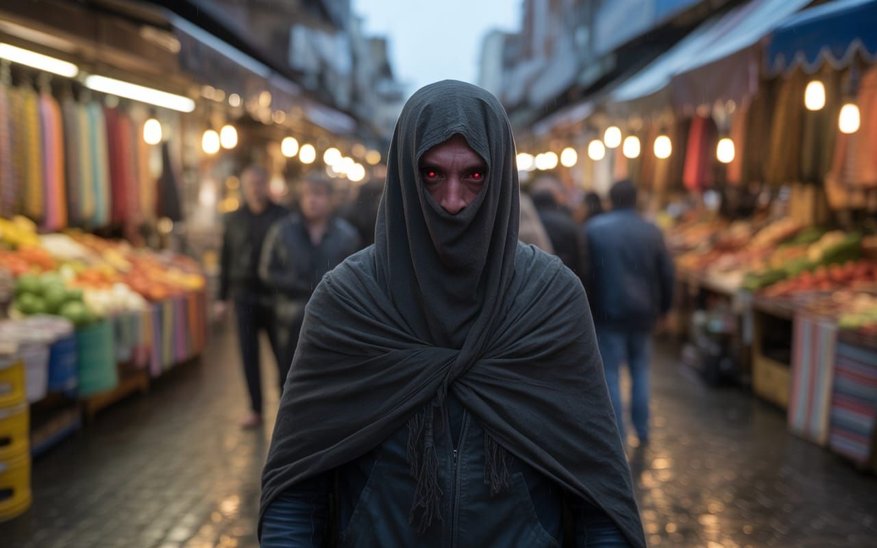 Mysterious Hooded Stranger with Piercing Red Eyes