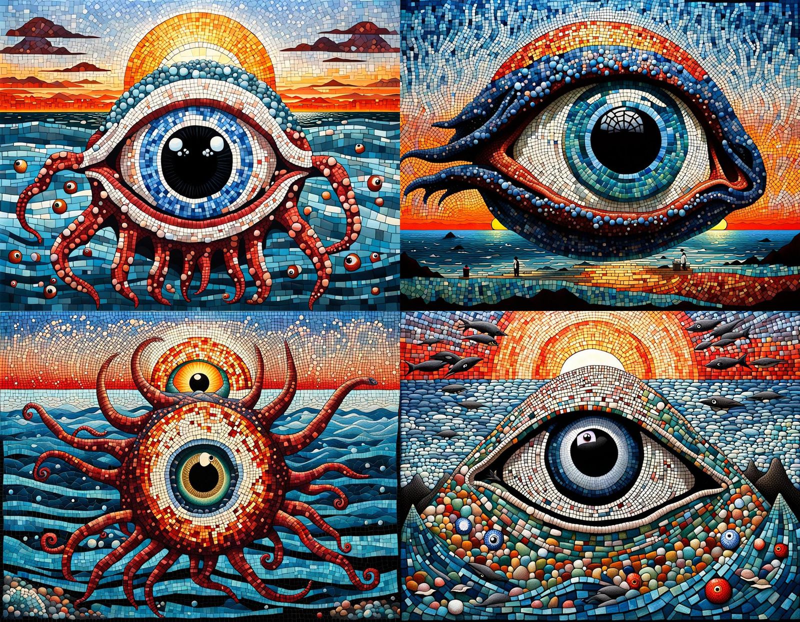 Grotesque Eyeball Hybrid Mosaic Art Under Sunrise