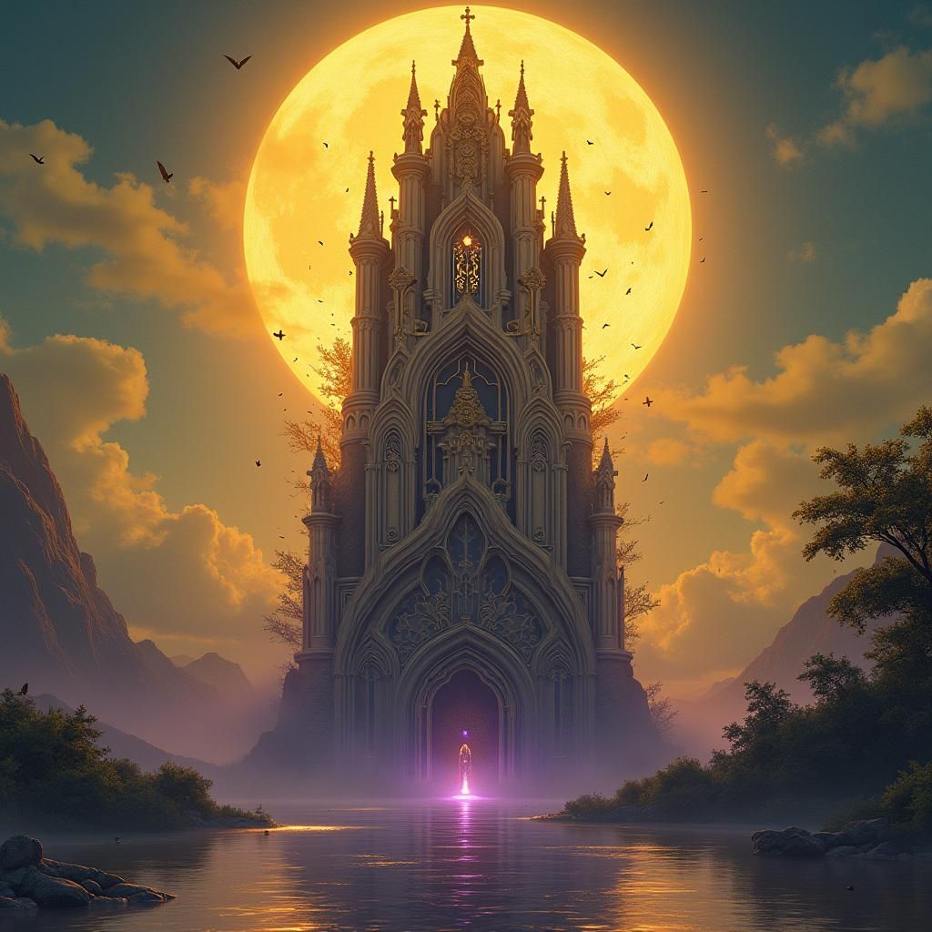 Mystical Tower of Elegant Women at Golden Moonrise