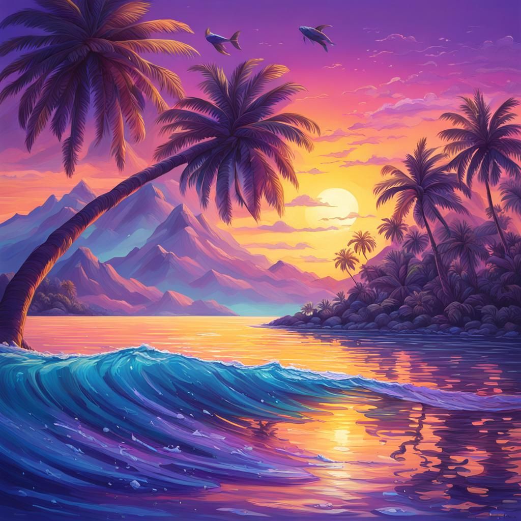 Tropical Island Sunset with Exotic Fish: Splash Art