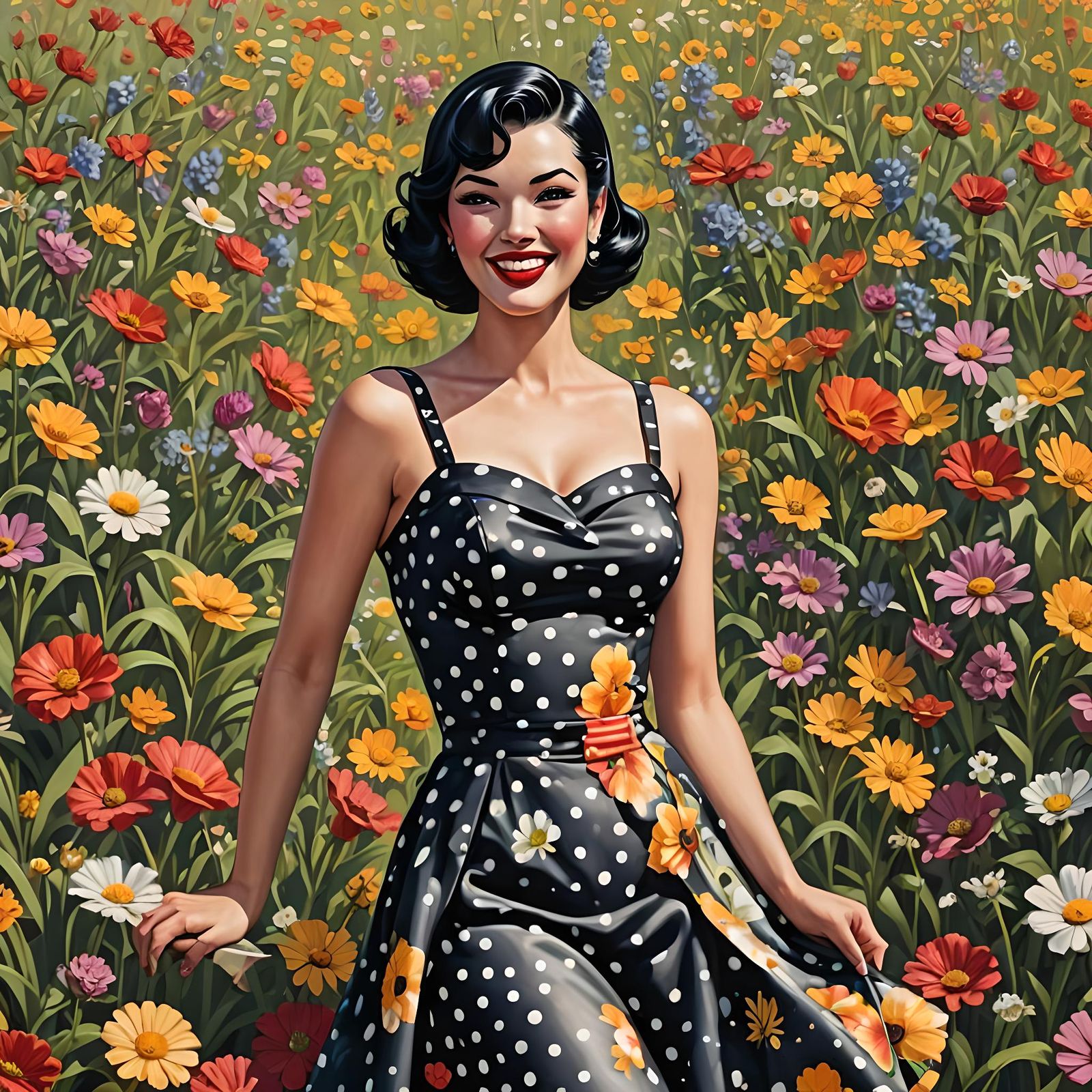 1950s Pin-Up Girl in Flower Field