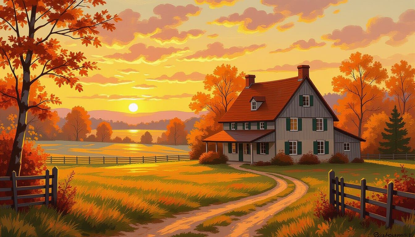 Farmhouse in Autumn Landscape: Impressionist Style Sunset