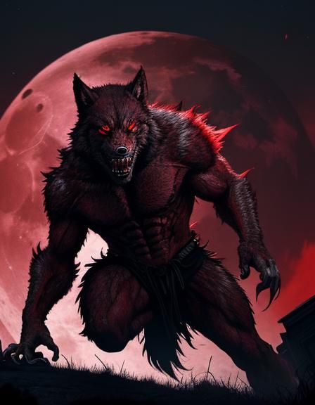 a man transforming into a werewolf under a giant red moonlight. Your skin is tearing. your eye are red, his claws start ...